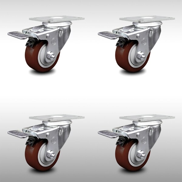 Service Caster 3 Inch SS Maroon Polyurethane Top Plate Caster Set Total Lock Brake SCC SCC-SSTTL20S314-PPUB-MRN-4 - main